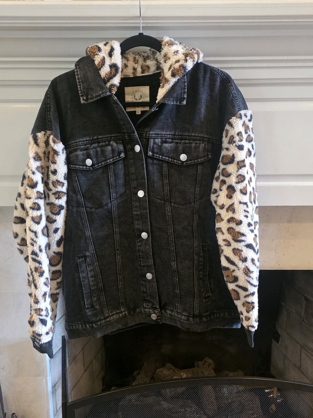 Fantastic Fawn Black Denim Jacket with Leopard Sherpa Sleeves